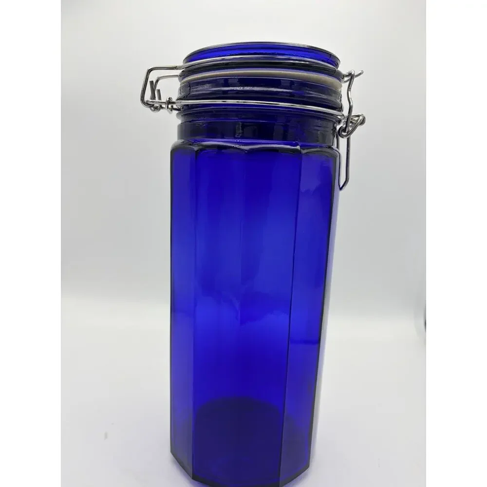 Vintage 13” Canister Jar Cobalt Blue Glass 12 Panel Wire Bale Lid